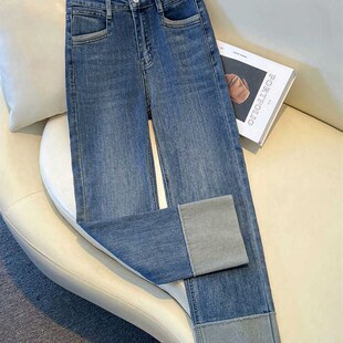 薄款夏季复古烟管牛仔裤女弹力矮小个子翻边水泥九分法棍裤直筒裤