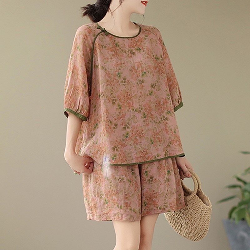 棉麻亚麻女高端短裤套装夏季2025新款妈妈减龄洋气碎花休闲两件套,女装/女士精品,时尚套装,淘宝优惠券,粉丝福利购,淘宝优惠卷