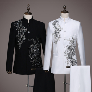 新款亮片中山装大合唱服装演出服男套装黑色立领主持人礼服表演服
