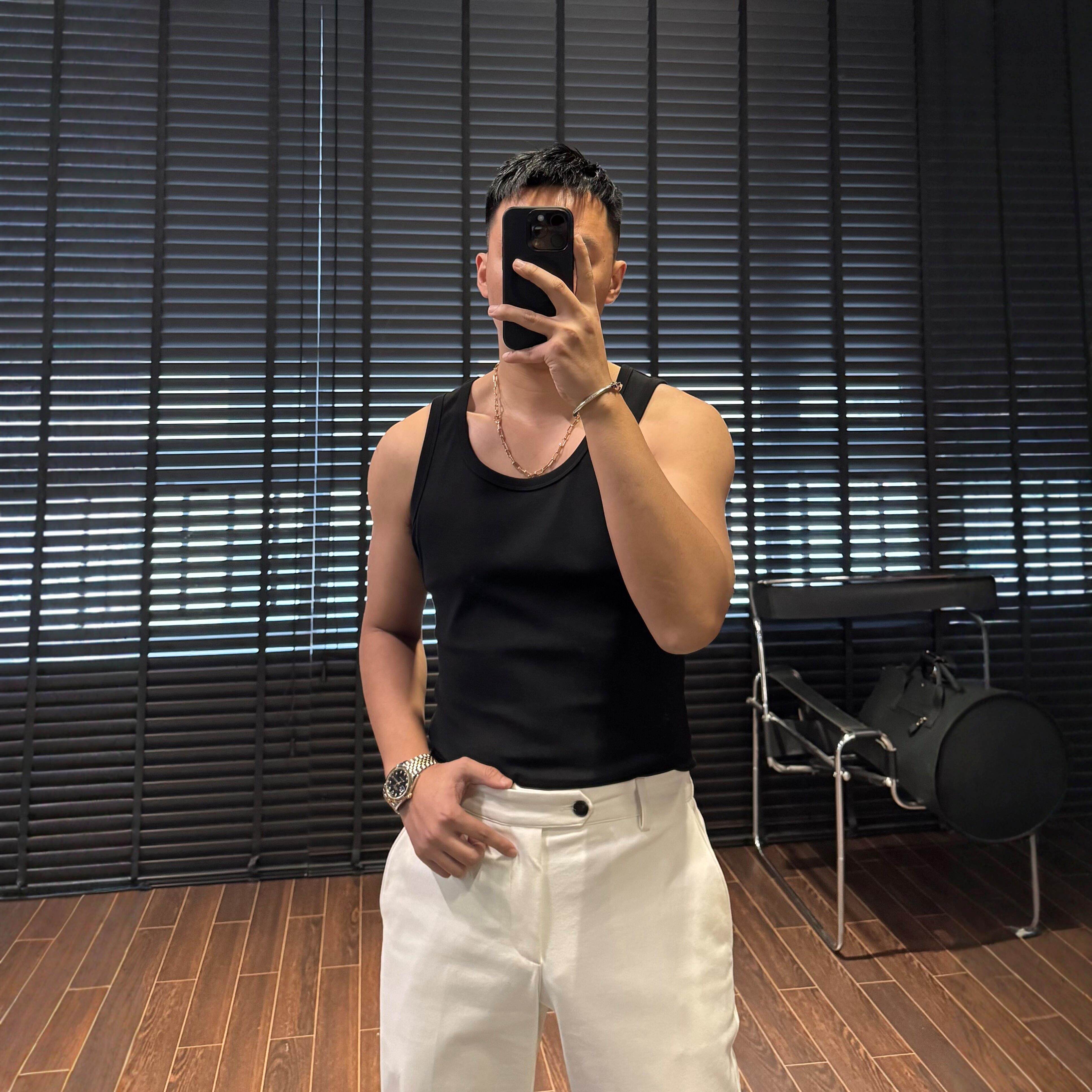 美式休闲黑色修身背心男