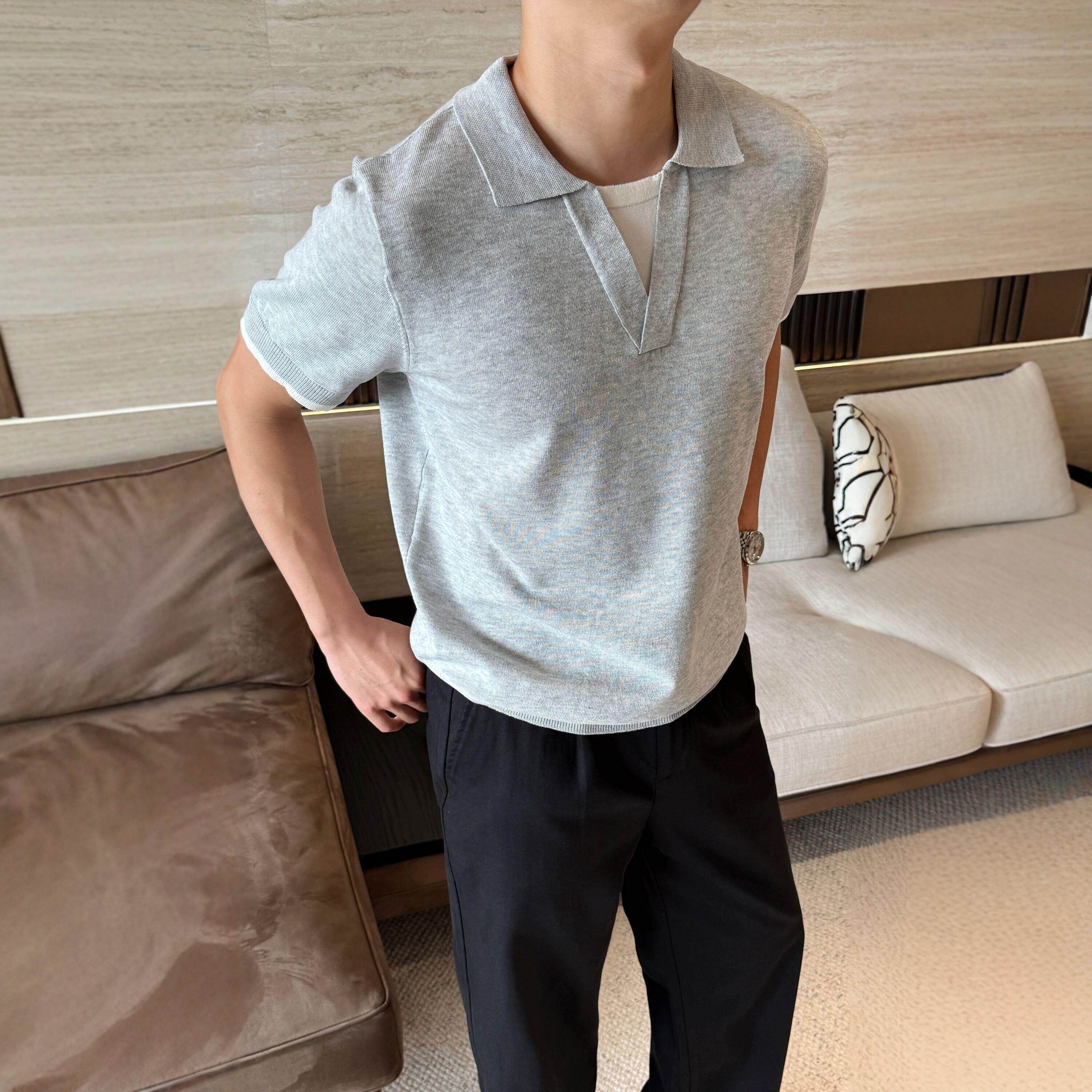 轻熟男士老钱V领假两件针