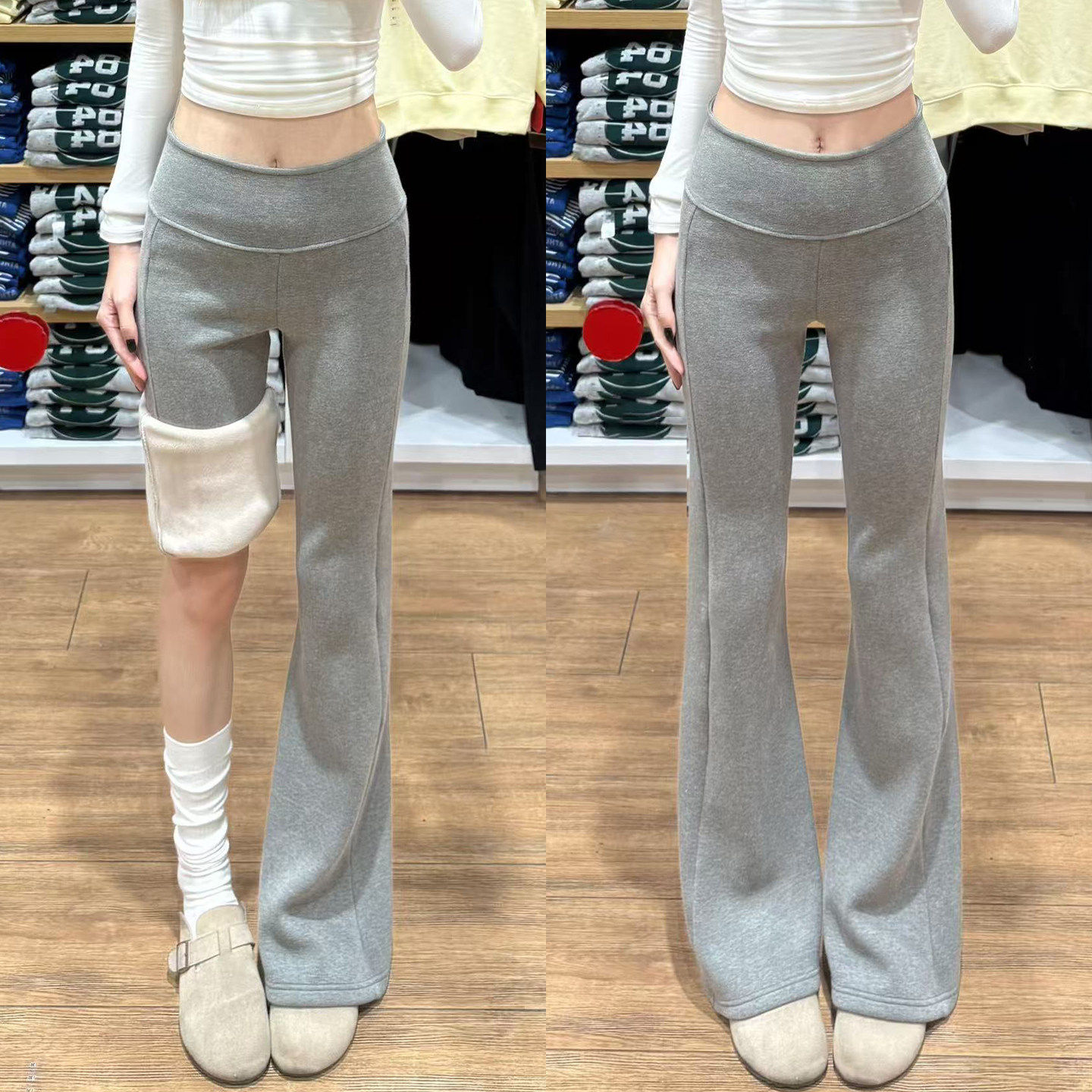 灰色加绒微喇叭裤女秋冬2