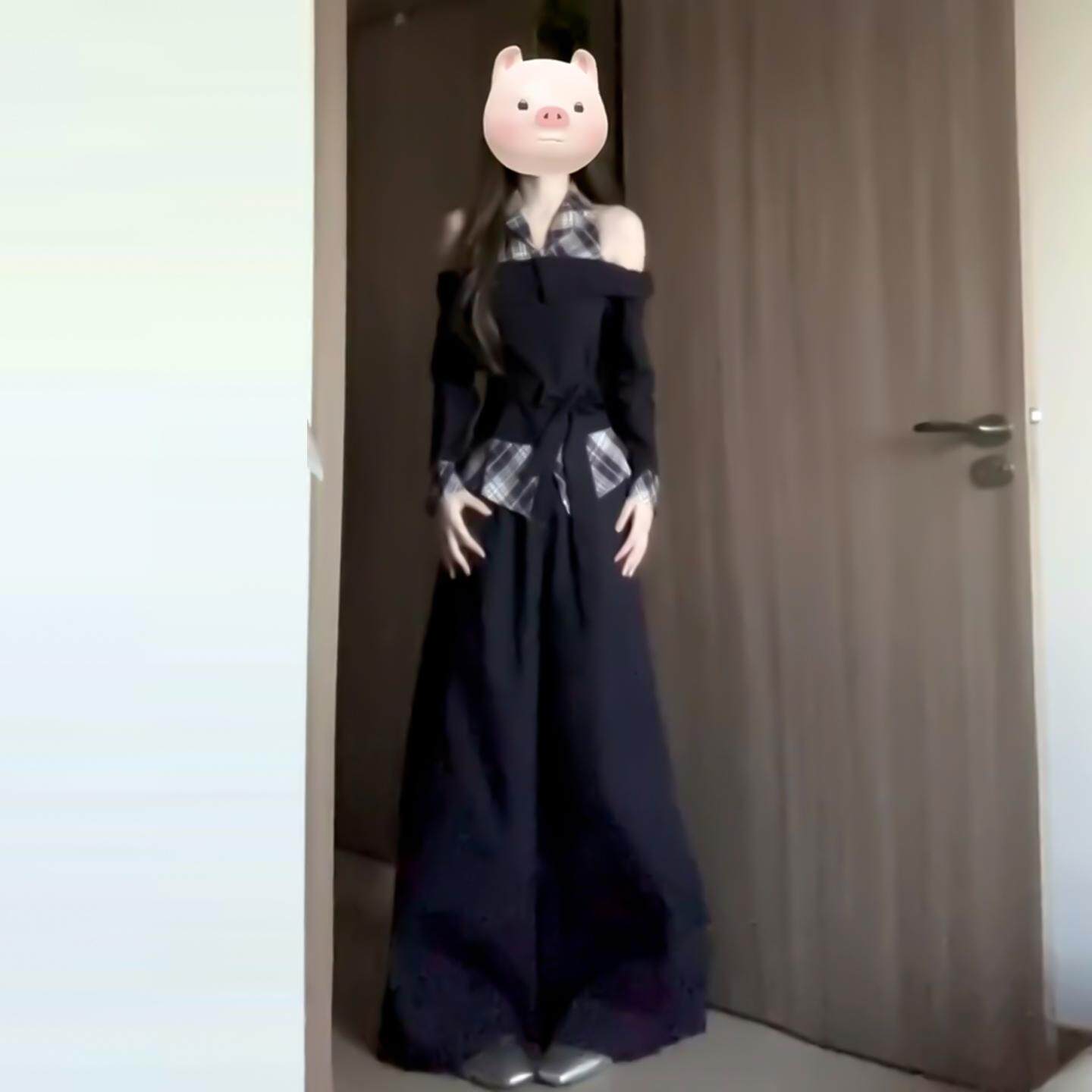 假两件挂颈格子上衣阔腿