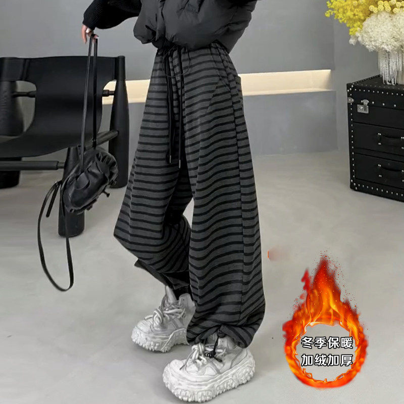 慵懒风条纹宽裤女秋冬加