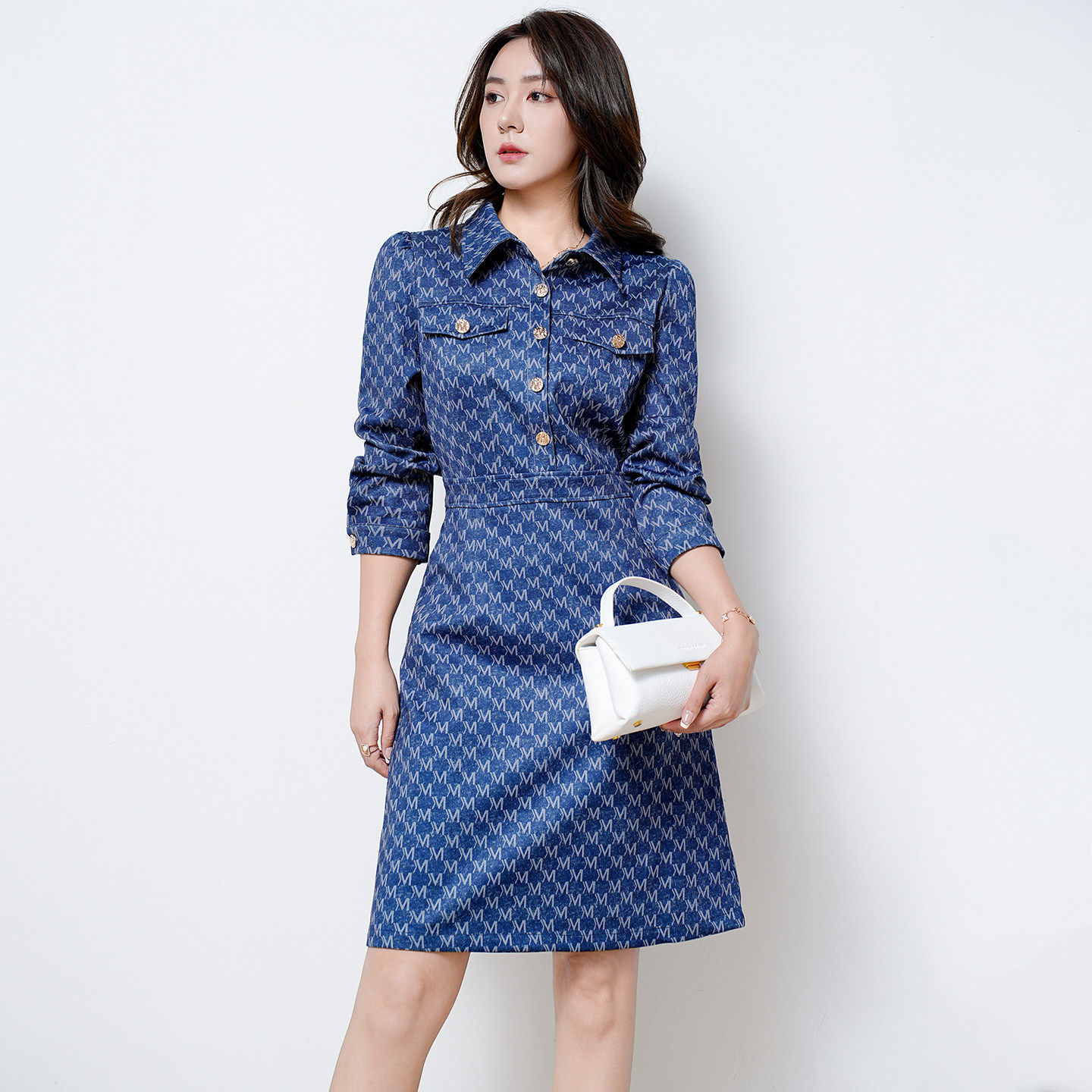 蓝色牛仔印花洋装女秋新