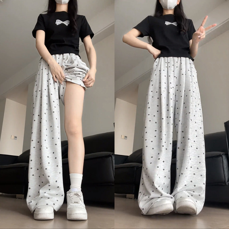 美式白灰色碎花休闲裤女