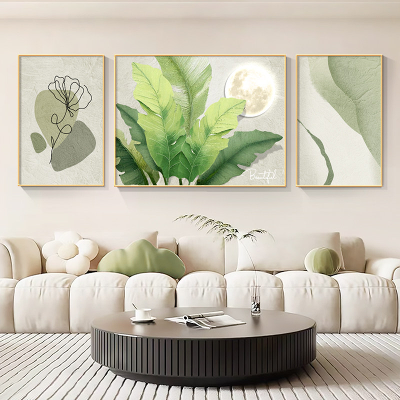 家大业大客厅挂画沙发背景墙装饰画现代简约绿植三联画绿色系壁画,家居饰品,现代装饰画,淘宝优惠券,粉丝福利购,淘宝优惠卷