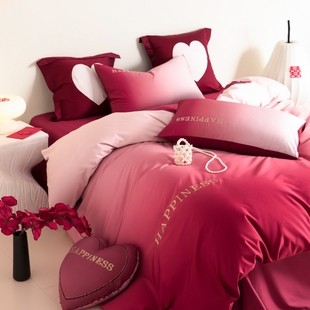 160支结婚四件套高级感纯棉红色被套婚庆床单婚嫁床上用品喜被1.8