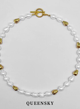 新中式轻奢风天然淡水珍珠项链金属拼接小众设计款高级感锁骨链女