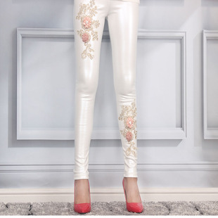 显瘦高腰百搭白色加绒仿皮裤 花朵紧身铅笔裤 个性 秋冬pu弹力打底裤