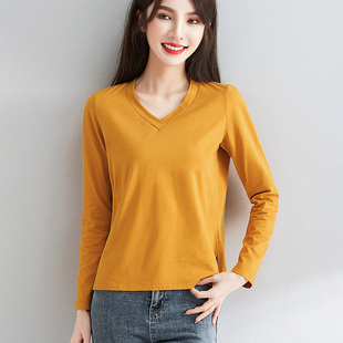 土黄色v领长袖t恤女内搭春秋新款宽松休闲显瘦下摆开叉打底衫上衣