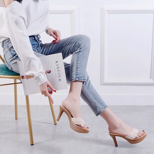 细跟一字蕾丝边凉鞋 拖鞋 高跟防水台凉拖鞋 韩版 外穿 女2020春夏新款