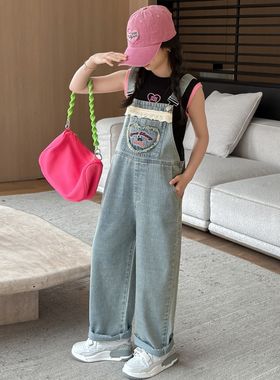 女童背带裤套装2024夏季新款儿童装裤子女大童夏装洋气夏天牛仔裤