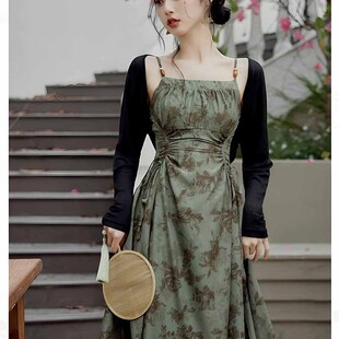 国风新中式新款2024夏季禅意连衣裙显瘦法式收腰吊带碎花长裙套装