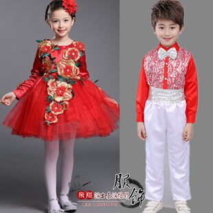 女童晚礼服儿童公主裙小主持人长袖冬季蓬蓬纱生日红色钢琴演出服