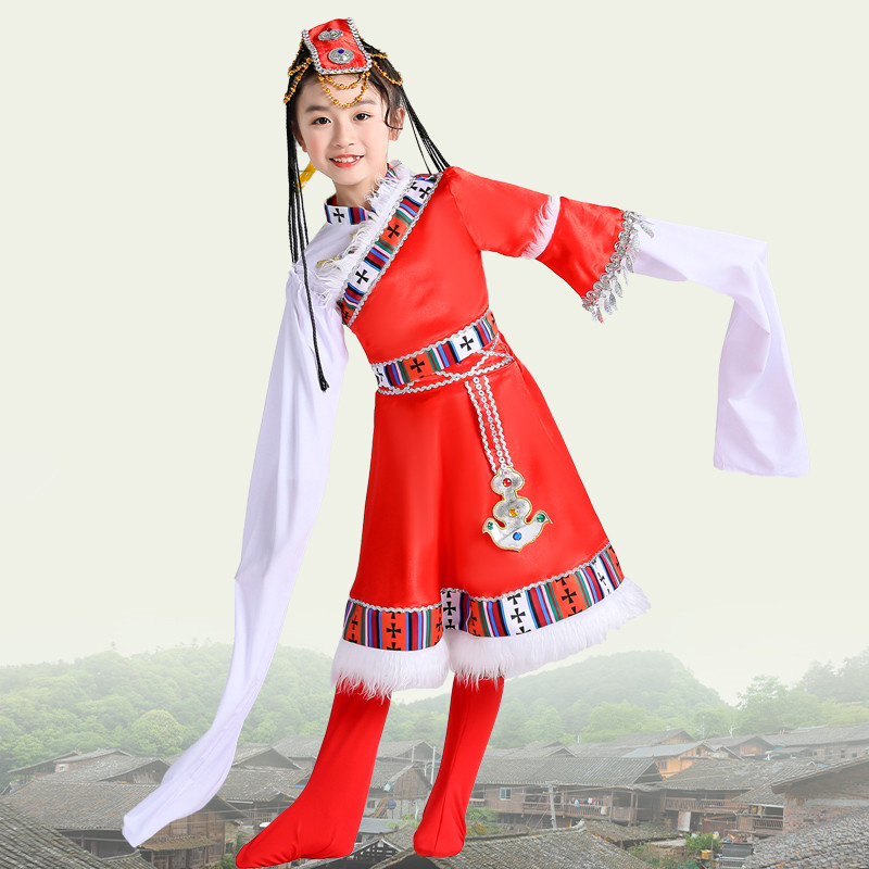 新款儿童藏族舞蹈服装女款红色水袖表演服男款六一少数民族服舞裙图片