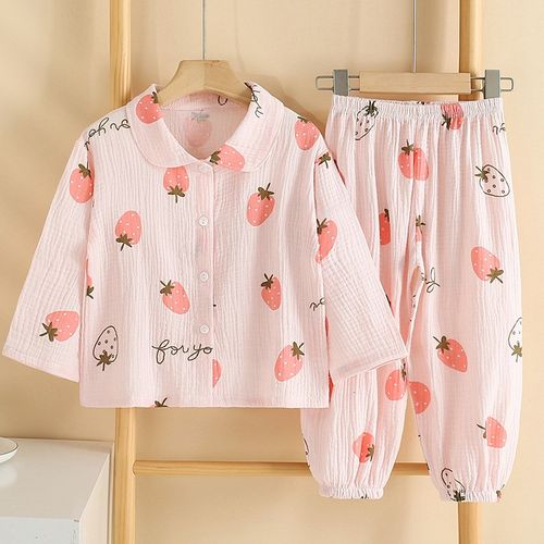 儿童夏天睡衣套装男童棉纱女童长袖长裤开衫全棉纯棉居家服夏季薄