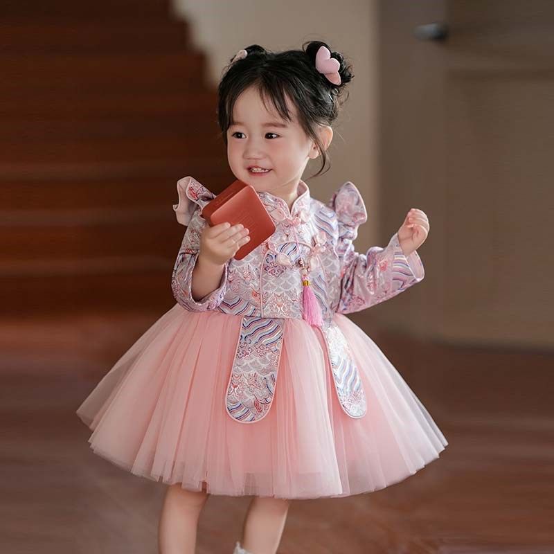 女童新中式连衣裙秋款儿童公主裙中式改良长袖旗袍女宝宝周岁礼服