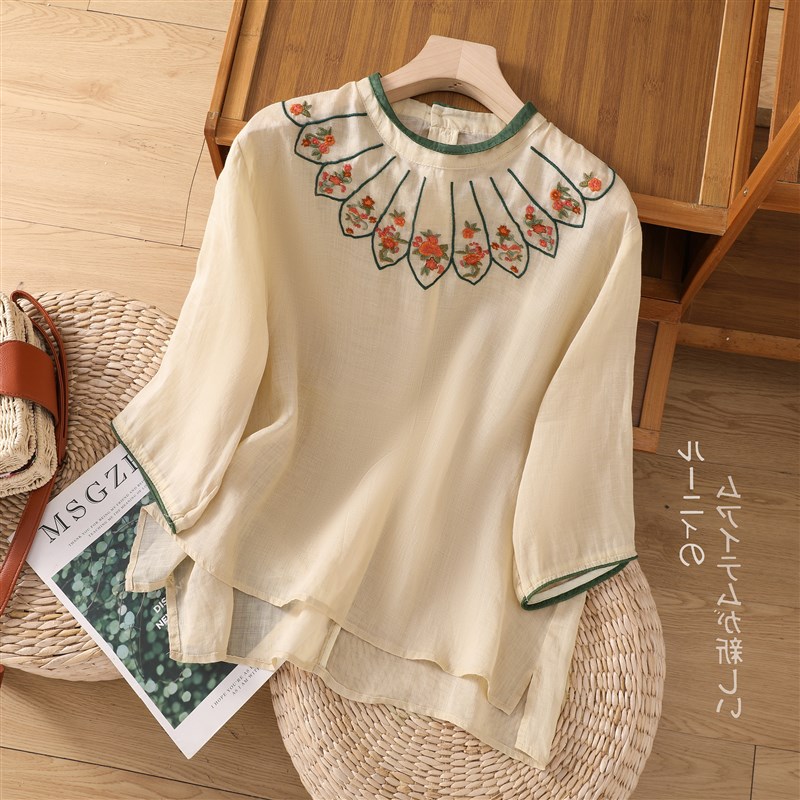 2023新款民族风棉麻上衣女文艺复古刺绣宽松棉麻小衫