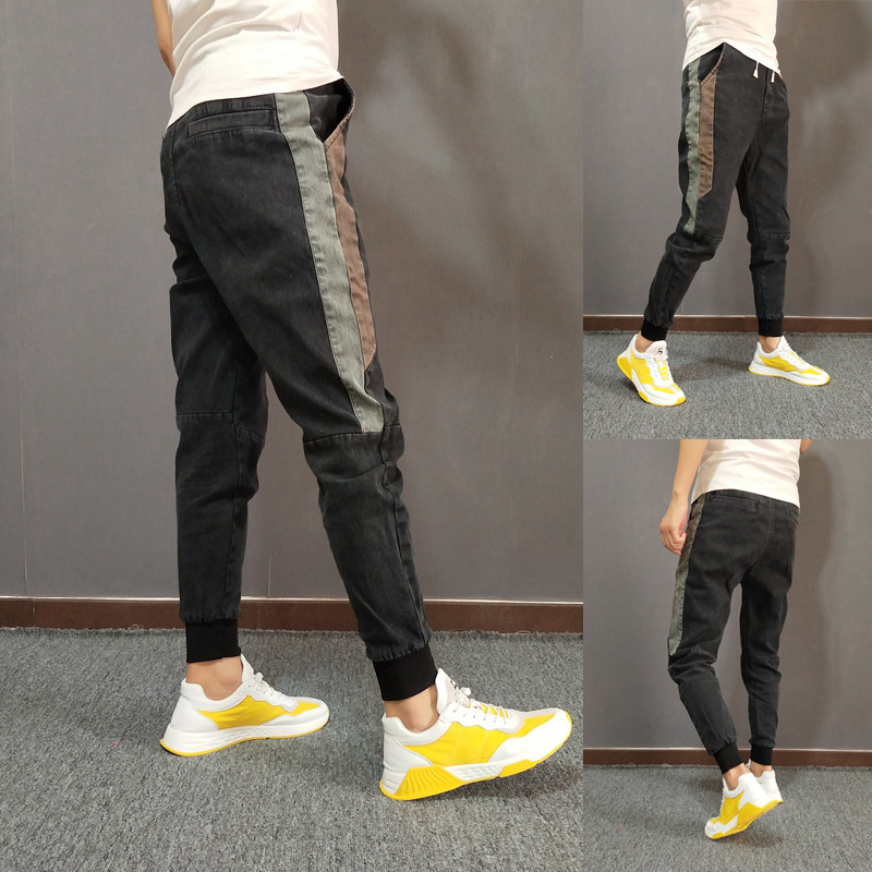 秋季新款牛仔裤子男修身束脚裤潮流哈伦小脚裤拼接条纹牛仔布长裤,男装,牛仔裤,淘宝优惠券,粉丝福利购,淘宝优惠卷