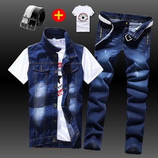 夹克衣服裤 修身 子一套装 潮流牛仔外套韩版 休闲马甲 春夏季 薄款 男士