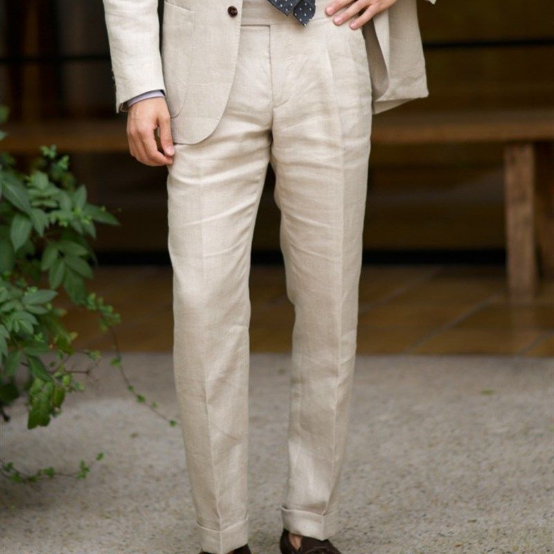 春夏季男英伦复古风意式那不勒斯高腰亚麻料九分休闲裤子直筒西裤