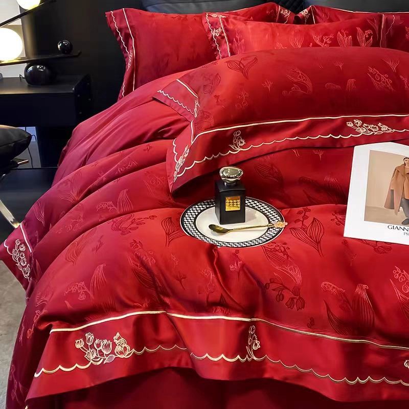 高级感中式大红色婚庆四件套结婚陪嫁备婚提花被套床笠款床上用品,床上用品,婚庆床品套件,淘宝优惠券,粉丝福利购,淘宝优惠卷