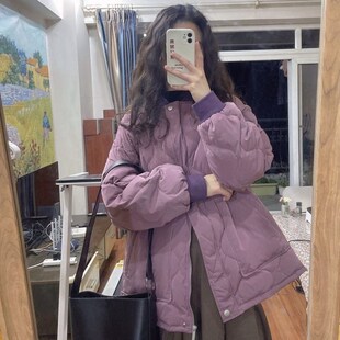 紫色棉服女中长款冬季2024年新款韩版宽松学生加厚学院风棉袄外套