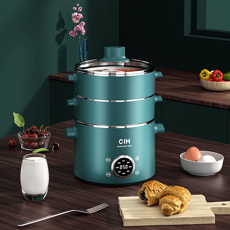 CIH 复古多功能电蒸锅神器家用三层小型蒸菜馒头包子W蒸笼预约电