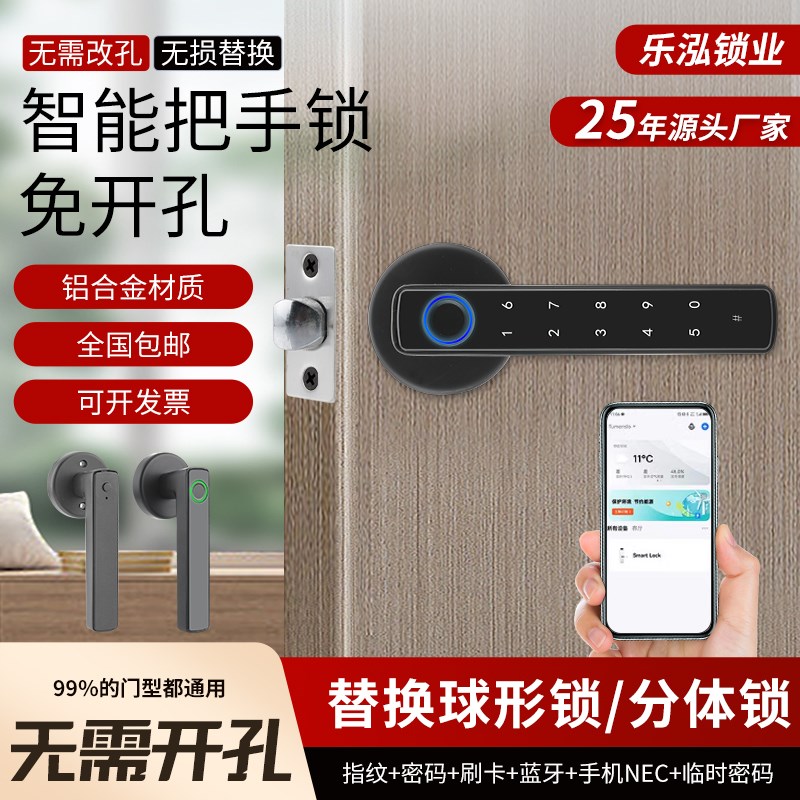 室内智能指纹锁办公室卧室房间门厂房家用把手分T体木门密码电子