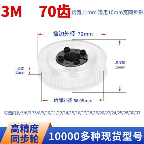 免键同步轮3M70齿宽11内孔5 6 6.35 8 910胀紧套现货皮带同步带轮