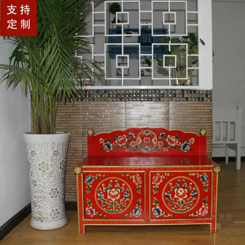 新中式复古彩绘换鞋柜入户贴墙门口坐着换鞋凳储物鞋凳收纳可坐,住宅家具,换鞋凳,淘宝优惠券,粉丝福利购,淘宝优惠卷