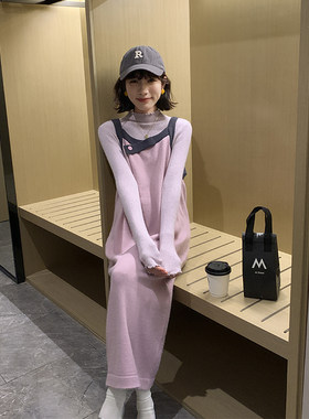 孕妇秋冬装时尚连衣裙气质修身显瘦半高领打底衫背带裙针织两件套