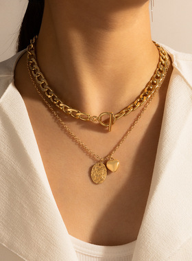 欧美跨境新款饰品复古爱心圆片项链粗链条重金属朋克双层锁骨链女