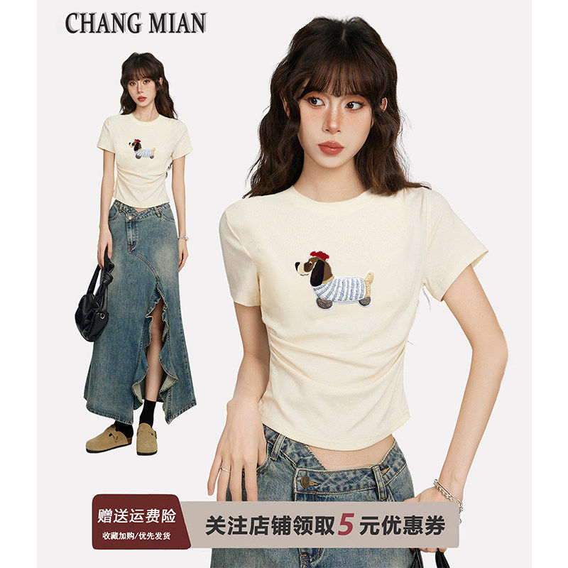 白色腊肠狗正肩女生短袖T