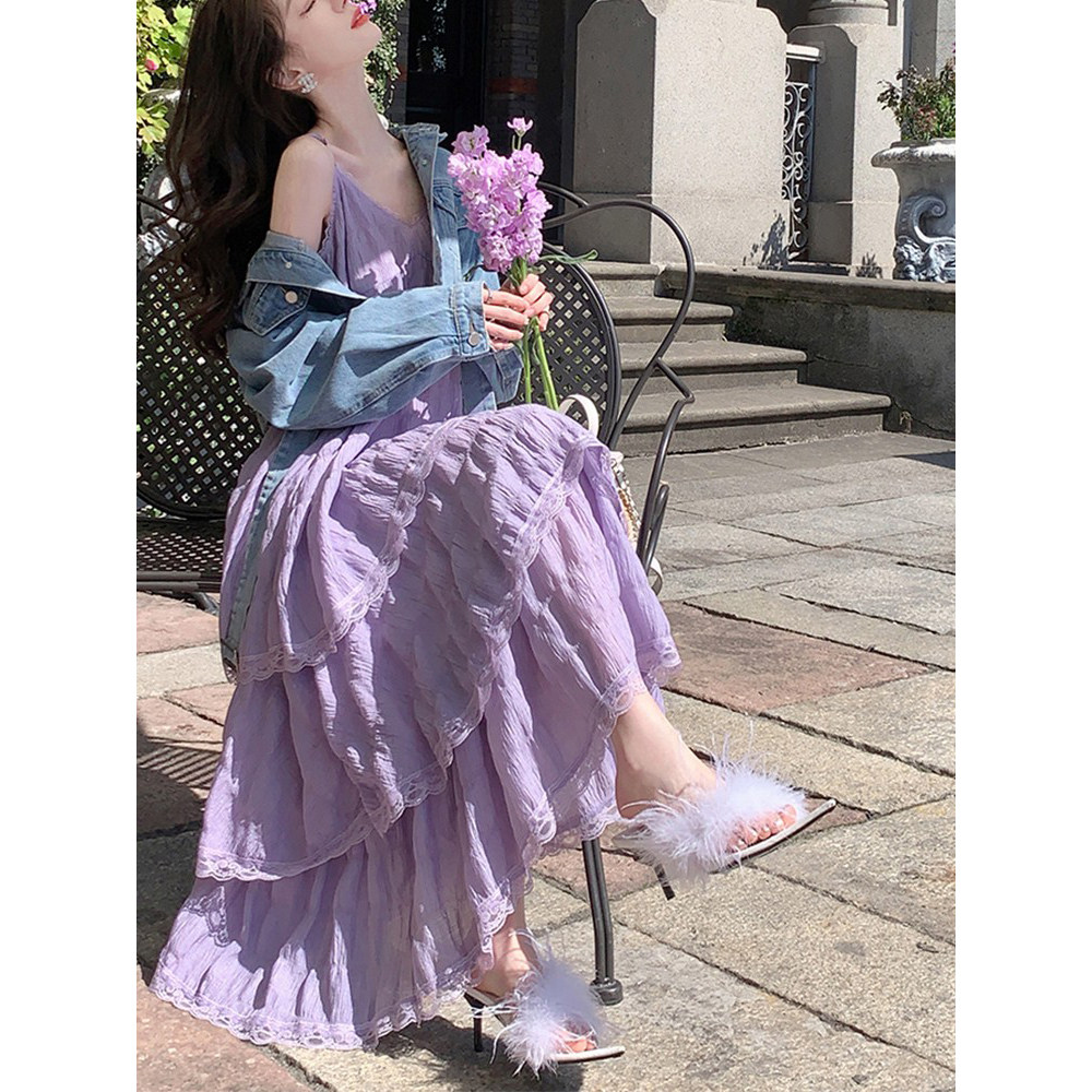 法式紫色吊带洋装女夏202