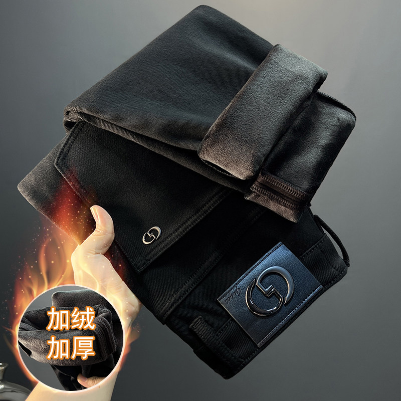 黑色加厚保暖牛仔裤男冬
