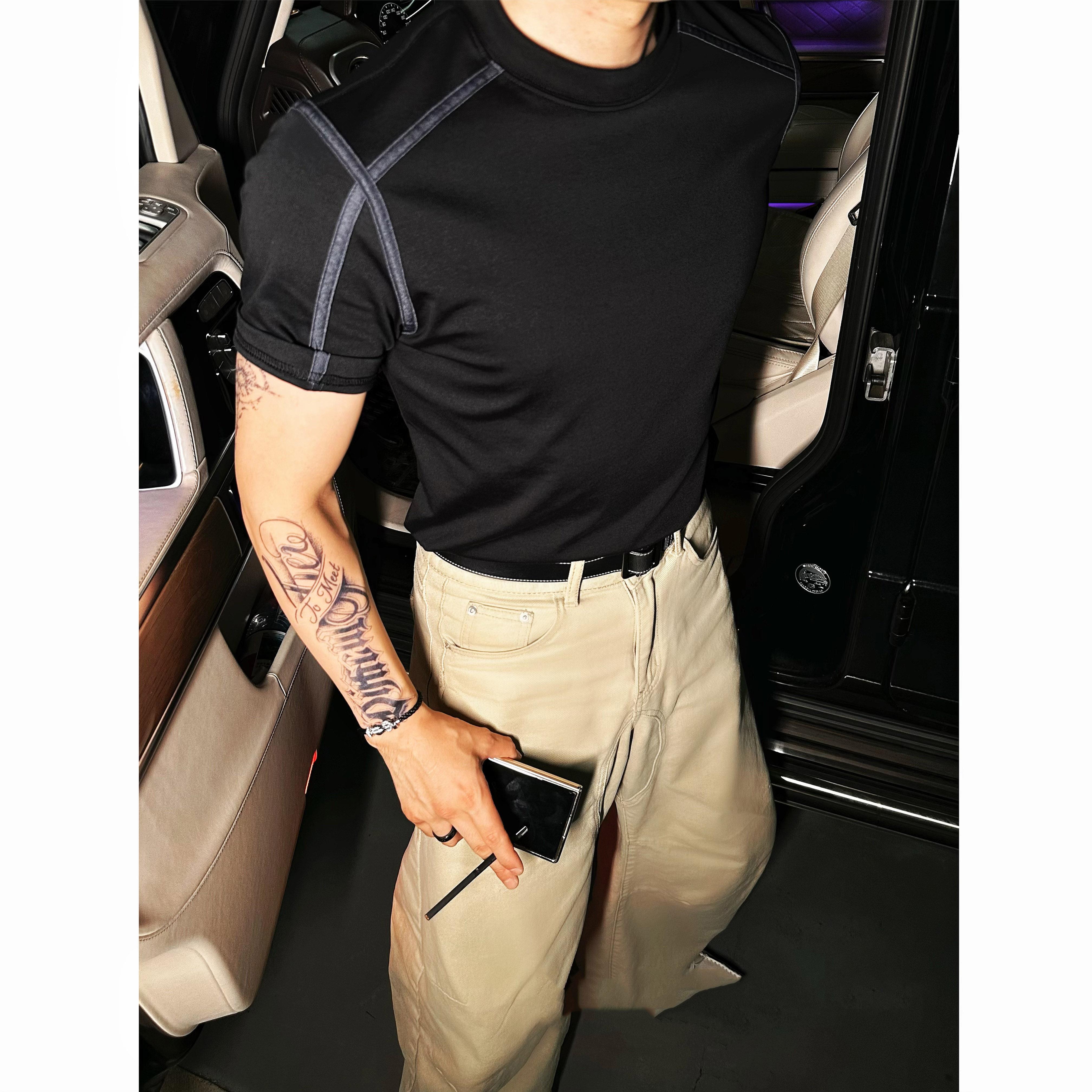 轻熟男士线术牛仔痞帅T夏
