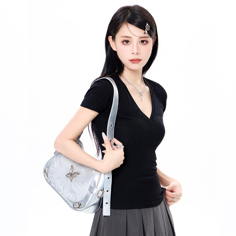 黑色V领修身短袖t恤女设