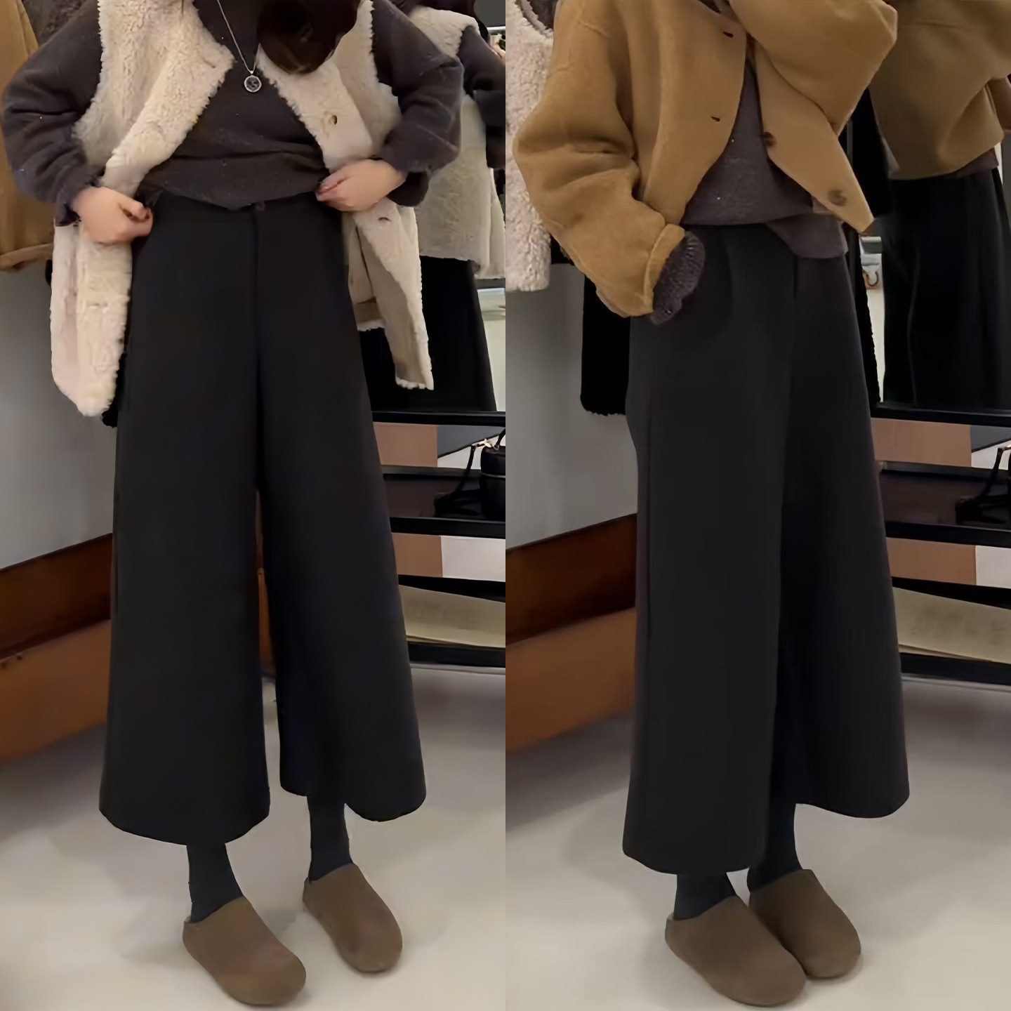 黑色毛呢八分阔腿裤女秋
