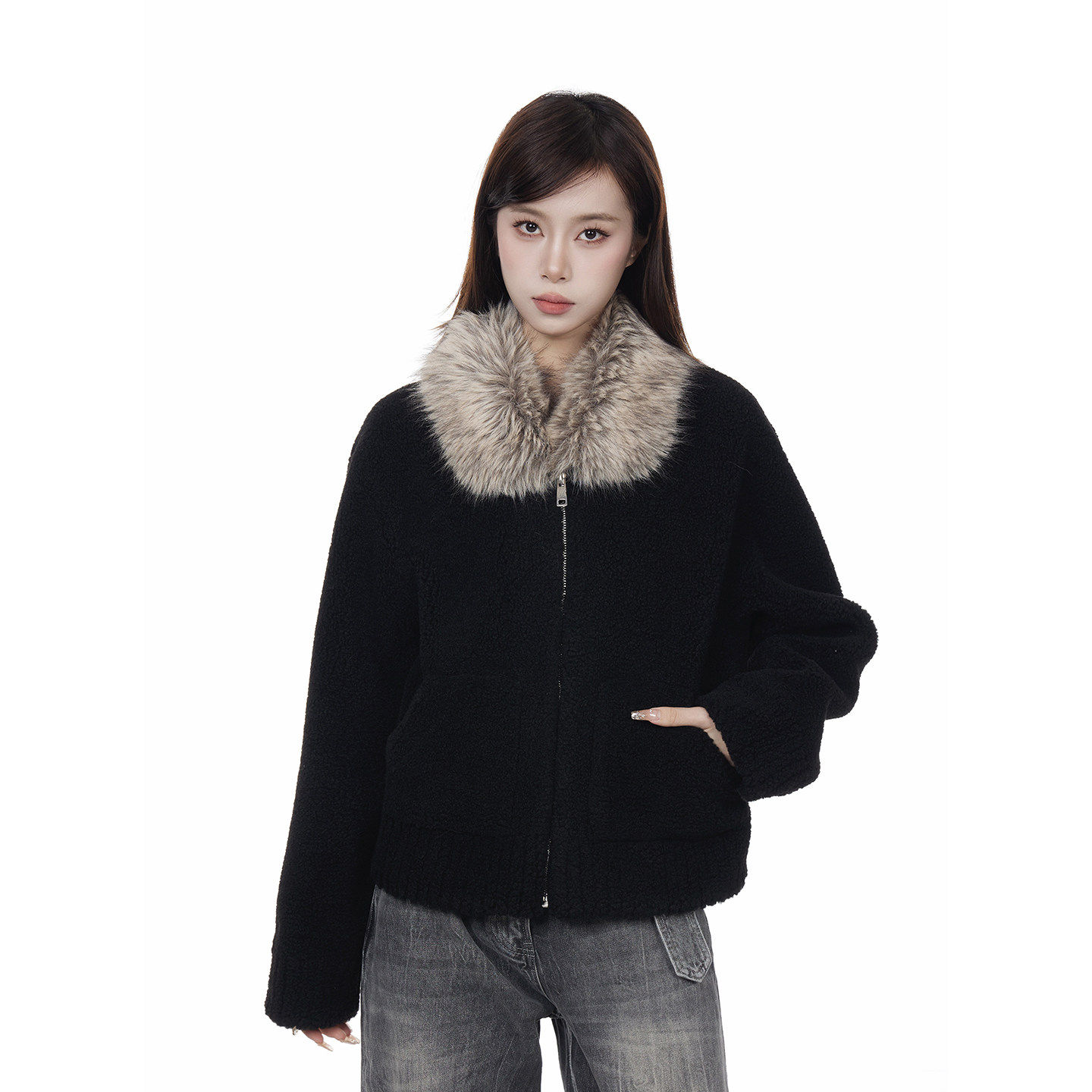 黑色大毛领短款外套女202