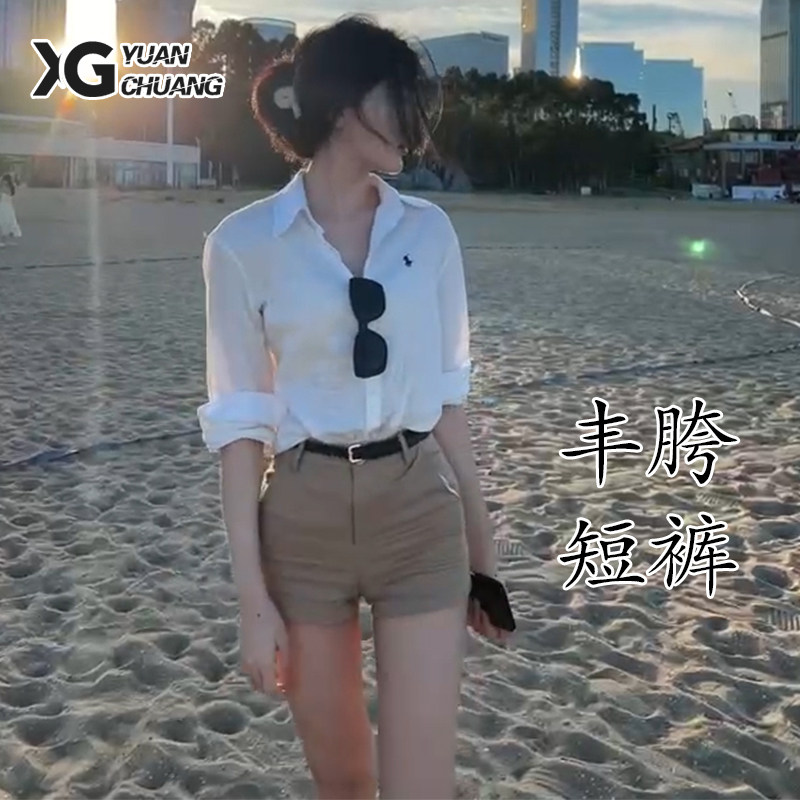 老钱风丰胯卡其色牛仔短
