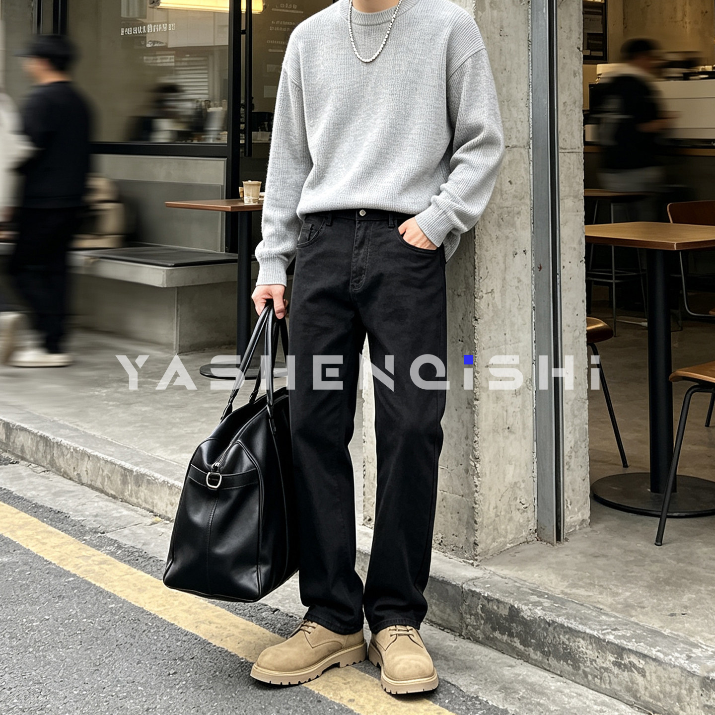 黑色微锥弹力牛仔裤男士