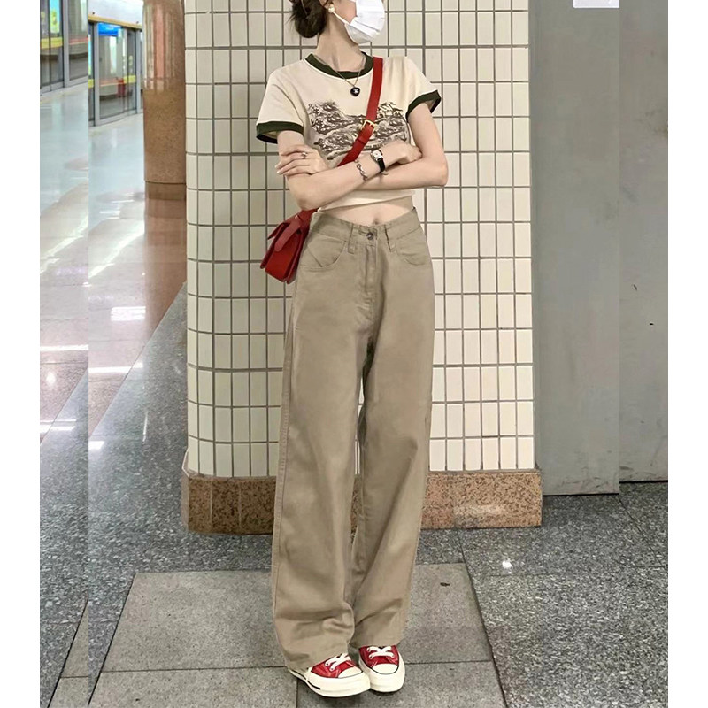 卡其色阔腿牛仔裤女夏季