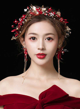 敬酒服头饰简单大气新娘2021新款红色结婚森系超仙婚礼发饰中式女