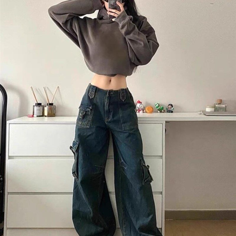 美式复古多口袋阔腿工装牛仔裤女2024新款高腰宽松显瘦直筒拖地裤,女装/女士精品,牛仔裤,淘宝优惠券,粉丝福利购,淘宝优惠卷
