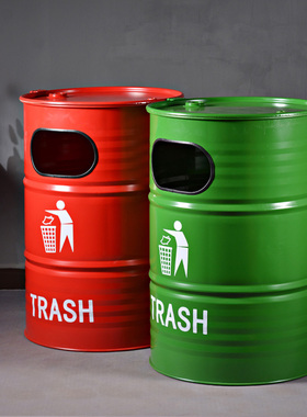 工业风铁艺油桶垃圾桶收纳箱户外大型摆件酒吧风景区室外复古装饰