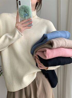 韩版半高领针织打底衫女秋冬季新款时尚宽松毛衣长袖洋派内搭上衣