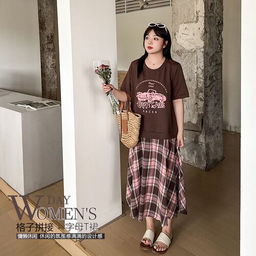 2025春夏新品230斤大码女装200胖mm韩版休闲卫衣格子拼接T连衣裙