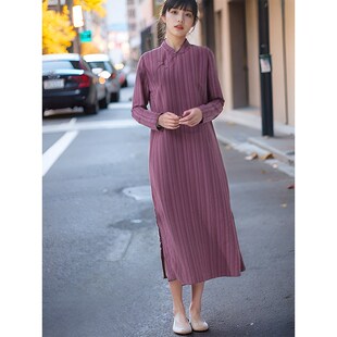 棉麻文艺条纹连衣裙长袖长款春夏中式立领盘扣斜襟旗袍复古显瘦